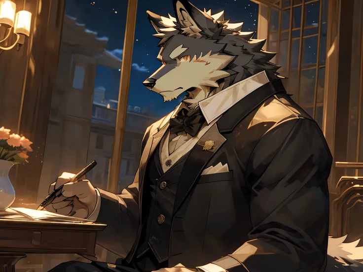 ((best quality)), ((masterpiece)), (detailed), perfect face,solo,kemono,night,mansion,gray fur,Butler uniform,Butler,anthro gray wolf.slender frame,golden eyes,indoor,writing