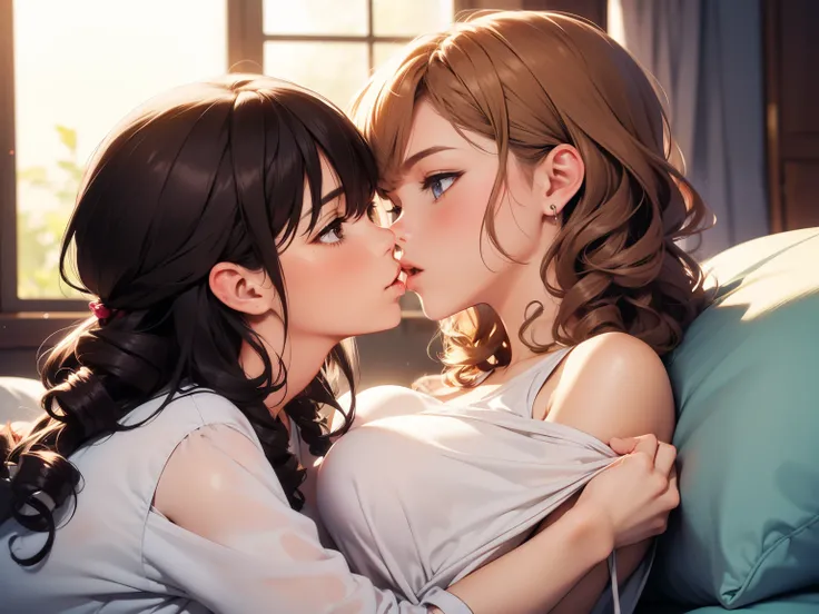 Female couple kissing in bed with woman in white shirt, (SFW) Work, kissing together cutely, Girl Love Art, OPPEIN, Side milk, Slightly saggy big breasts, small breasts, (((Extra long yellow curly hair))), (((Shoulder-length brown side-parted short hair)))...