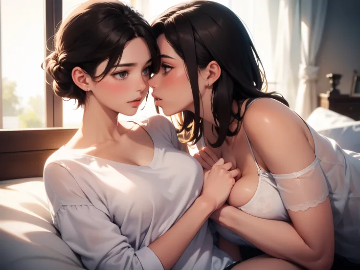 Female couple kissing in bed with woman in white shirt, (SFW) Work, kissing together cutely, Girl Love Art, OPPEIN, Side milk, Slightly saggy big breasts, small breasts, long golden curly hair, Shoulder-length brown side-parted short hair, girl love kiss, ...