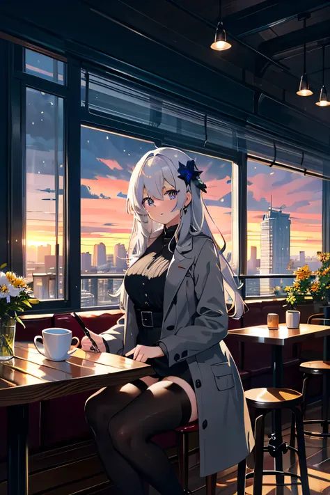 1 girl, focus only, tall girl, gray hair, Very long hair, purple eyes, Big breasts, wide hips, Pointed face, jewel eyes, Serious, tired, Wearing a long gray coat, black blazer, black pantyhose, fashion sneakers, Accessories, smart watch, flower hair access...