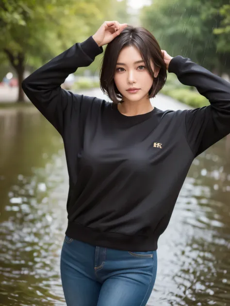 beautiful handsome woman, (((highest quality, 8K, masterpiece: 1.3)), beautiful japanese woman, 1 female, big: 1.3, slender body shape: 1.1, bouncy dark brown short hair, (rainy park, wet body, wet clothes: 1.1), highly detailed face, lip details, fine eye...