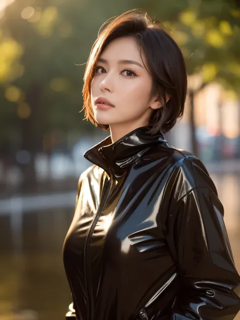 beautiful handsome woman, (((highest quality, 8K, masterpiece: 1.3)), beautiful japanese woman, 1 female, big: 1.3, slender body shape: 1.1, bouncy dark brown short hair, (rainy park, wet body, wet clothes: 1.1), highly detailed face, lip details, fine eye...