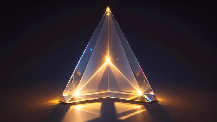 objet lumineux: prisme triangulaire en cristal, the light passing through&#39;interior projects rays of bright rainbow color.. (...