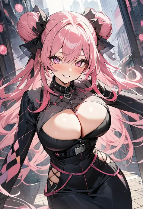 1 girl, pink long bun hair, heart shaped eyes, ♡, big breasts, police officer clothes, {girl with pink long bun hair named Nami}, (Pink eye color), {downtown}, (smile), bright background , mole under eye, heart shaped choker, (masterpiece, highest quality)...