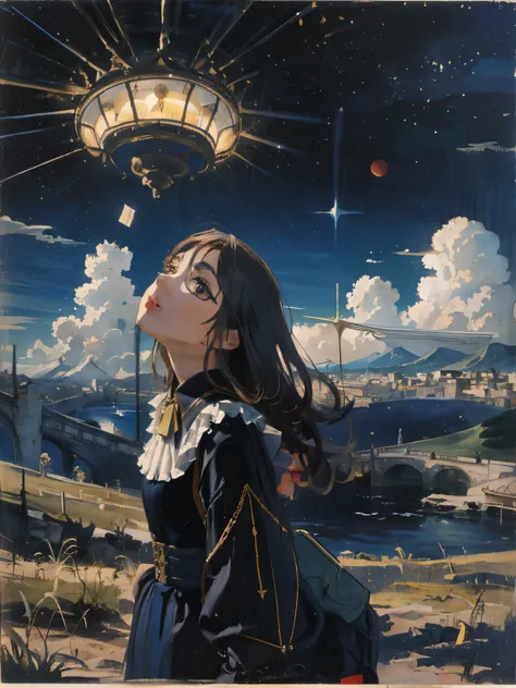 （highest quality）Beautiful Spanish woman looking up at the sky、surreal landscape、dali landscape、strange object in the sky