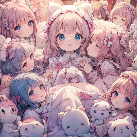 anime girl surrounded by stuffed animals in bed, anime art wallpaper 8k, cute anime, anime art wallpaper 4k, anime art wallpaper...