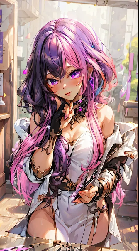 (masterpiece, best quality), 1lady, solo, masterpiece, artstation, dynamic, charming, magical, unreal engine,(hlfcol haired girl with purple and pink hair), fantastically beautiful, illustration, dramatic lighting, rave background, neon glow, maximalist, a...