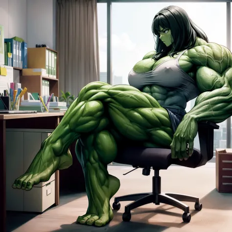 girl,best quality,green skin,hulk girl,sitting in office,torn clothes,,, she hulk, she - hulk, muscular female, alternate muscle size, hulking,muscular leg,large foot, portrait shot,  digital art, 