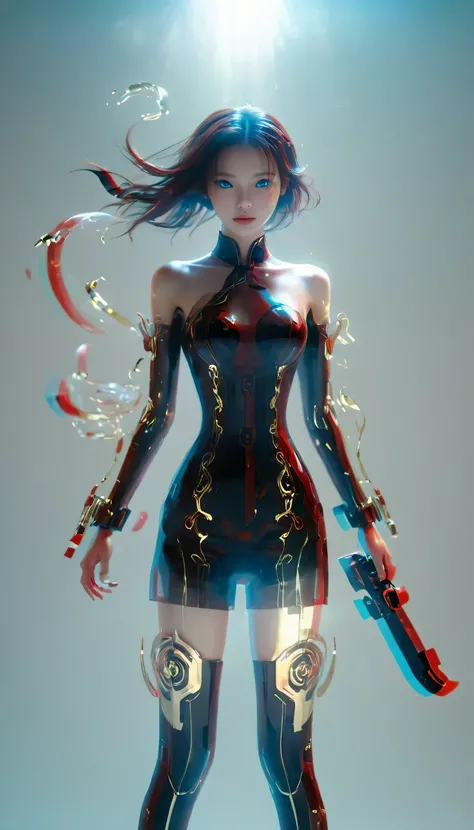 1 girl,Surrounded by rotate transparent red scrolls,floating transparent red kanji,Dynamic,rotate,1 person standing in the air,not looking at camera,Calligraphy,alone,blue eyes,Keep,arms,Keep arms,glow,robot,Mecha,Open_hand,V-shaped fins,movie lighting,str...