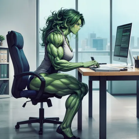 girl,best quality,green skin,hulk girl,sitting in office,torn clothes,,, she hulk, she - hulk, muscular female, alternate muscle size, hulking,muscular leg,, portrait shot,  digital art, 