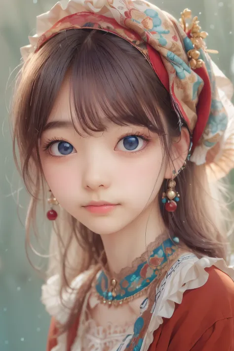 ((sfw: 1.4)), (sfw,She is wearing a long white embroidered skirt, a red blouse with lace, a white apron tied around her waist, blue socks, and brown leather shoes.A blue scarf is on her head. Yes, her accessories include necklaces, earrings, and bracelets....