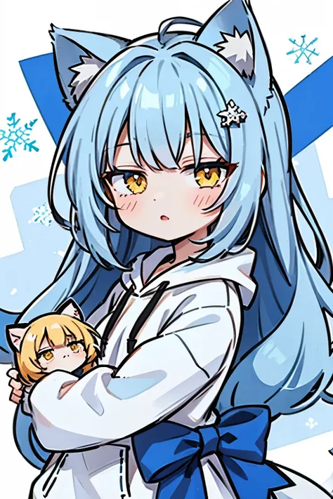 1girl, blue long hair ,yellow eyes, cat ears, white hoodie,snowflake hair clip ,chibi