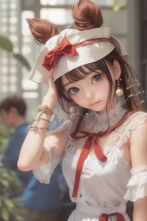 ((sfw: 1.4)), (sfw,She is wearing a long white embroidered skirt, a red blouse with lace, a white apron tied around her waist, blue socks, and brown leather shoes.A blue scarf is on her head. Yes, her accessories include necklaces, earrings, and bracelets....