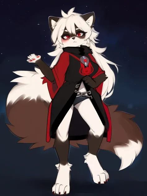 ((masterpiece, best quality)) by zackary911,zackary911, fluff-kevlar, by fluff-kevlar. raccoon anthro, white fur. white hair. one character, blue eyes, furry female, female, fluffy fur, big fluffy tail, breast, fluffy fur neck, long hair, red eyes, black-r...