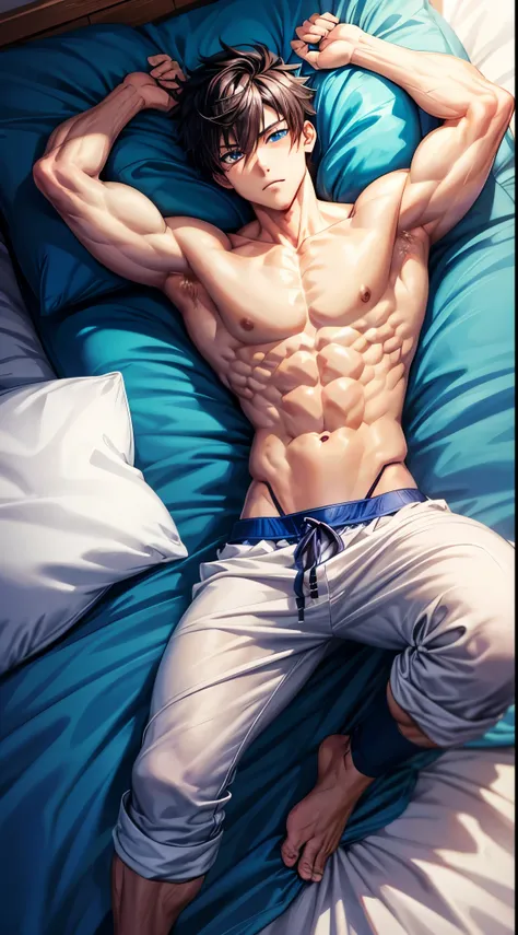 Shirtless anime guy muscular with blue eyes
6 pack abs and strong arms
Lying on the bed