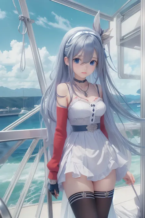 ((highest quality)), ((masterpiece)), ((1 girl)), alone, ferry, ((long hair)), ferryBase, ((Thighhighs)), bare shoulders, ((jewelry)), ((No sleeve)), white dress, blue skirt, ((gloves)), thigh height,