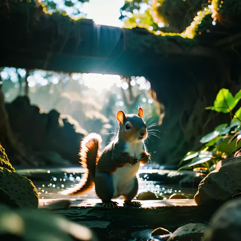 a squirrel，next to a waterfall，imagine，depth of field，emphasize，real light，Ray tracing，Overclocked renderer，UE5 renderer，surreal，best quality，8K，masterpiece，Ultra-fine，masterpiece，