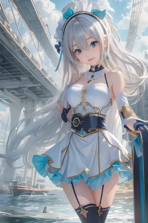 ((highest quality)), ((masterpiece)), ((1 girl)), alone, ferry, ((long hair)), ferryBase, ((Thighhighs)), bare shoulders, ((jewelry)), ((No sleeve)), white dress, blue skirt, ((gloves)), thigh height,