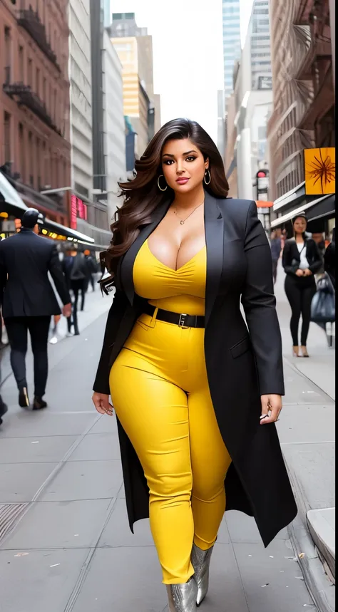 Maria, a curvy Latina model with long, flowing brunette hair, full breasts, and a shapely buttocks, struts through the streets of Manhattan in chic black skinny jeans, a tailored blazer, and stylish ankle boots, representing the Big Apples fashion-forward ...