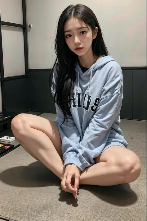 highest quality, 8k, photo, (1female), (japanese), 16years old, large size hoodie,dark face, (unkempt hair), sitting in gym, sit...