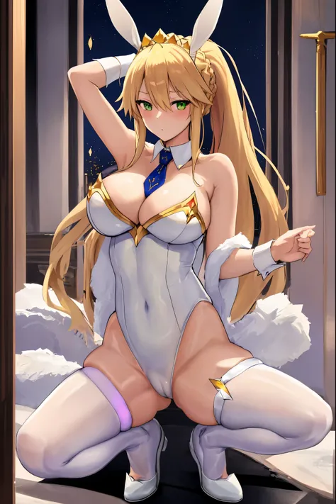 masterpiece, best quality, absurdres, looking at viewer, (light_smile:0.6),
1girl, ahoge, rabbit ears, playboy bunny, artoria pendragon (swimsuit ruler) (fate), large breasts , blonde hair, green eyes, french braid,  pony tail
bare shoulders, large breasts...