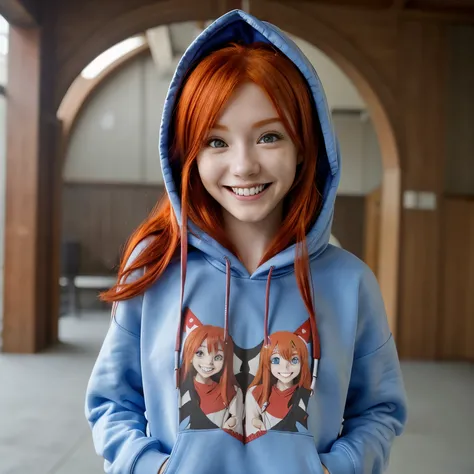 Red haired anime wearing blue hoodie smiling