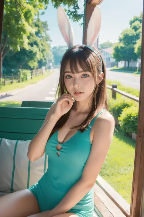 Bunny ears,absurd, super detailed,bright colors,(8k:1.5),Masseter muscle part,very beautiful detailed face and eyes、summer morning、Ghibli,summer country road,25years old,fullbody