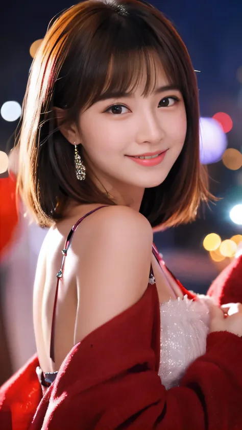 A sparkling Christmas night、sacred costume、provocative smile、short hair、beautiful japanese actress、sakimichan、cinematic light， realistic， masterpiece， highest quality， complex CG，highly detailed face，high detail eyes，