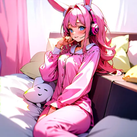 A super cute image captures a girl sitting on her bed, wearing plush pajamas. Her eyes sparkle with joy as she wears a large pink headset shaped like rabbit ears. Every detail is portrayed with realism, from the soft textures of the pajamas to the delicate...