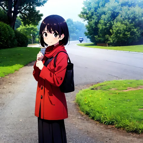 1Girl, in the side of the road, waiting me, with smile, and hold a bag