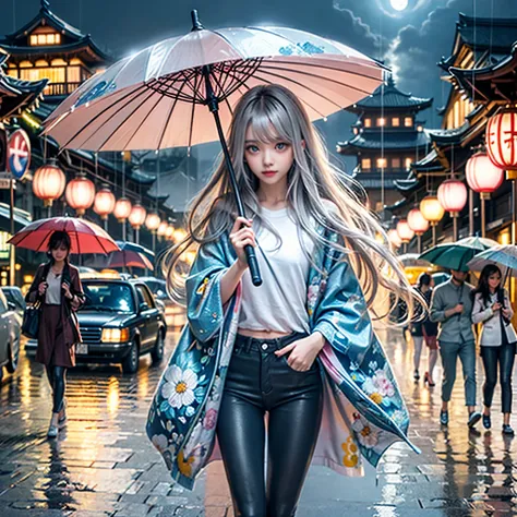 More about the rainy road, The girl hit the head of the umbrella, In his other hand he holds an umbrella, Blue Denim Leggings, Masterpiece Superb Night Moon(Master Piece) night moon(Full Moon) 1 Women, Sisters of Japan, Cold face showing silvery-white long...