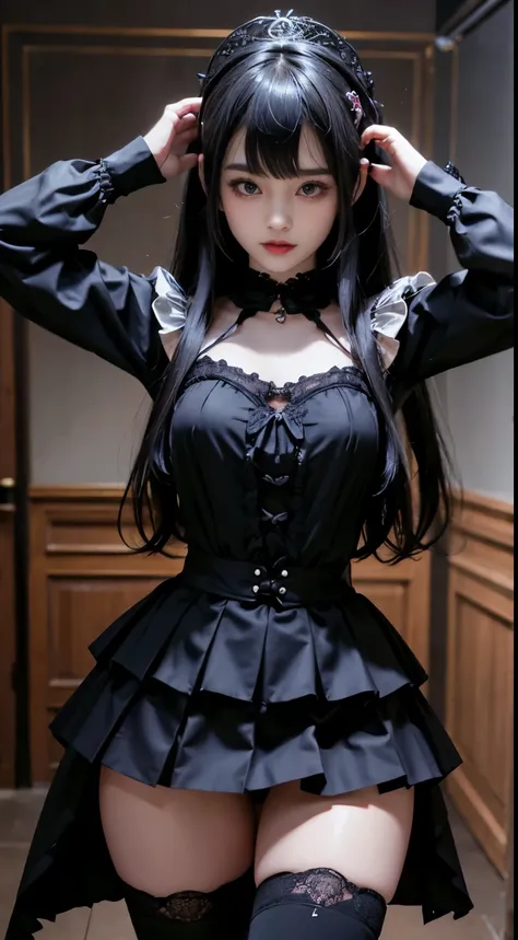 top-quality　​masterpiece　8k masterpiece　face with ultra-detailed details　draw the face in detail　one woman wearing gothic lolita...