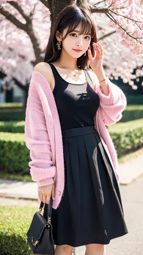 pieces fly、highest quality、Super detailed、pink cardigan、break、black tank top,break、(red long skirt)、cherry blossoms、river