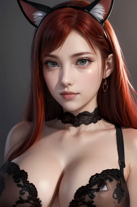 (high resolution,actual),(Sexy,Tempting) Lace cat ears,cry,(Curvy,redhead), delicate eyes, 1 girl