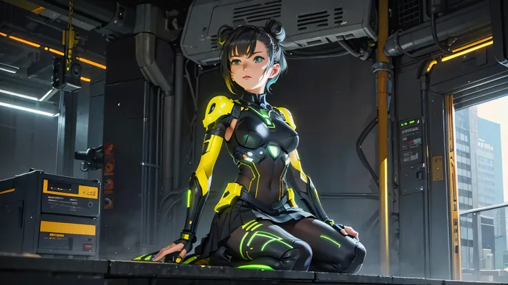 beautiful, young, barefoot cyborg woman, wearing a cybernetic technological black and green body armor with a skirt, prosthetic ...