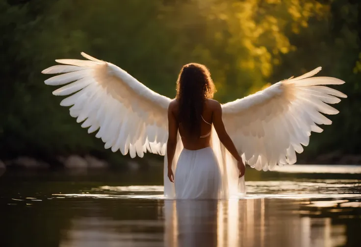 A beautiful brown-skinned girl stands calmly in the middle of the river, facing the viewer, the curves of her body are emphasized by the gentle caress of the water. Having angel wings behind her shoulders, decorated with colorful feathers, spread gracefull...