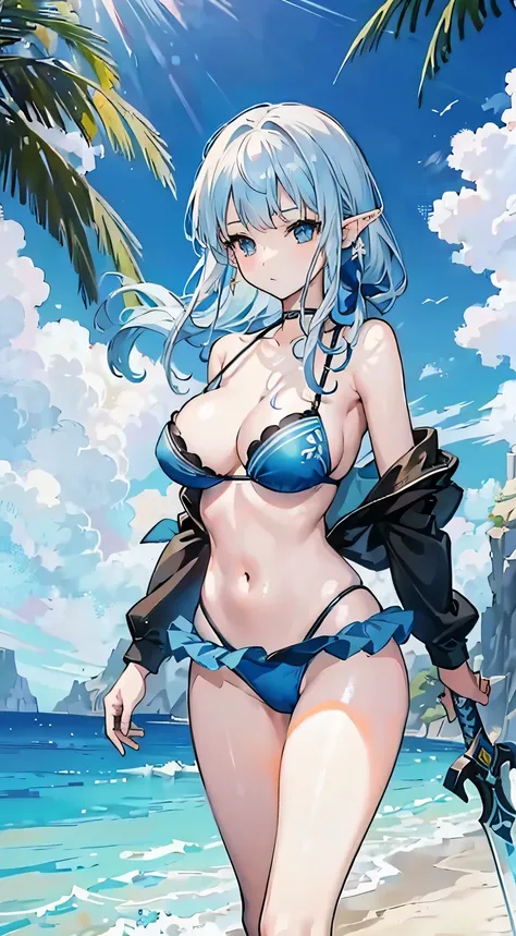 A woman in a bikini and a sword in the water, Shi Tao&#39;Cartoon comics, pixiv, fantasy art, seductive anime girl, Popular topics on artstation pixiv, elf girl, blue bikini, blue elf, White-haired God, realistic bikini, swimsuit, blue sky, I&#39;ll keep t...