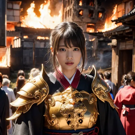 (((Realistic, masterpiece, best quality, crisp detail, high definition, high detail, sharp focus, perfect studio lightning))), 20 years old assassin, kasumi arimura, wearing (((fully decorated golden armor, armored kimono))), dirty, sweating, blood scatter...