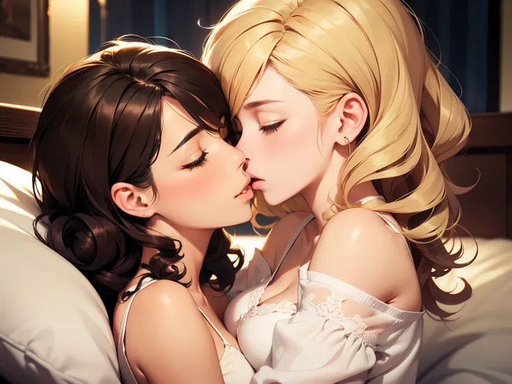 Female couple kissing in bed with woman in white shirt, (SFW) Work, kissing together cutely, Girl Love Art, OPPEIN, Side milk, Slightly saggy big breasts, small breasts, (((Extra long yellow curly hair))), (((Shoulder-length brown side-parted short hair)))...