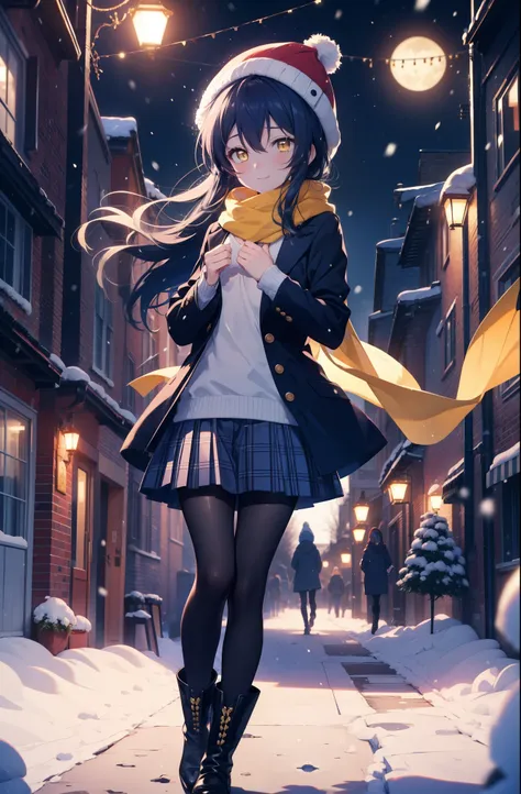 you are so kind, umi sonoda, long hair, blue hair, (yellow eyes:1.5) (flat chest:1.2),smile,blush knit hat,blue long coat, turtl...