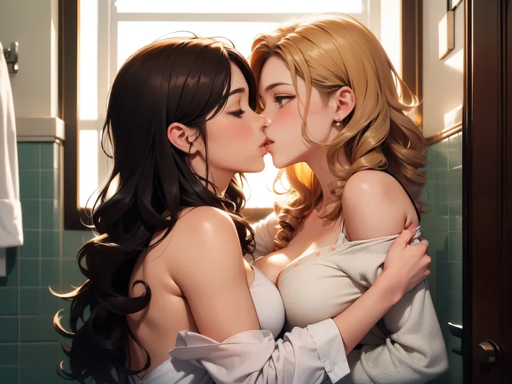 Female couple kissing woman in white shirt in bathroom, (SFW) Work, kissing together cutely, Girl Love Art, OPPEIN, Side milk, Slightly saggy big breasts, small breasts, (((Extra long yellow curly hair))), (((Shoulder-length brown side-parted short hair)))...