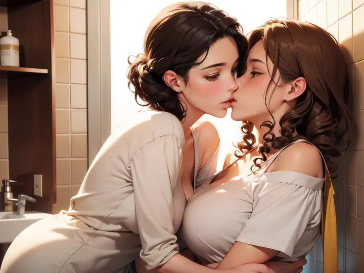 Female couple kissing woman in white shirt in bathroom, (SFW) Work, kissing together cutely, Girl Love Art, OPPEIN, Side milk, Slightly saggy big breasts, small breasts, (((Extra long yellow curly hair))), (((Shoulder-length brown side-parted short hair)))...