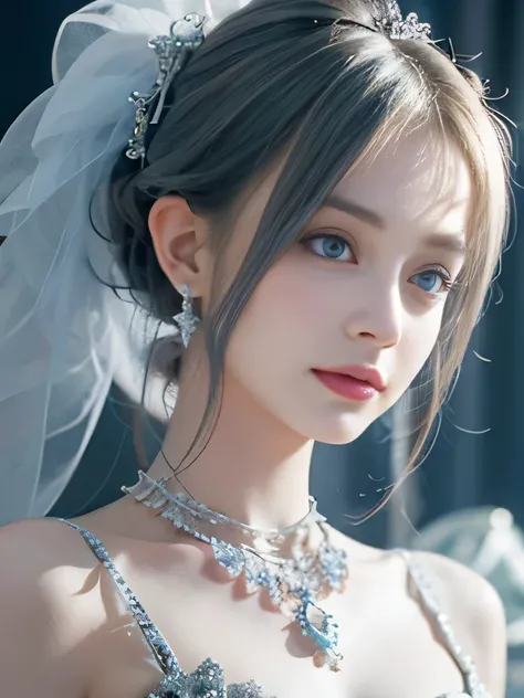 ４K、she is a wind fairy、angel wings on the back、blue eyes、Dress that shows your collarbones、blue sky background、close up of face、gray hair、big feathers、Blue and white background、platinum decoration、platinum earrings、platinum necklace、Platinum Silver Hair、pl...