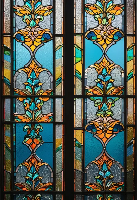 The background of the window, which is twice as wide, is stained glass, In elegant colors that allow light to enter 