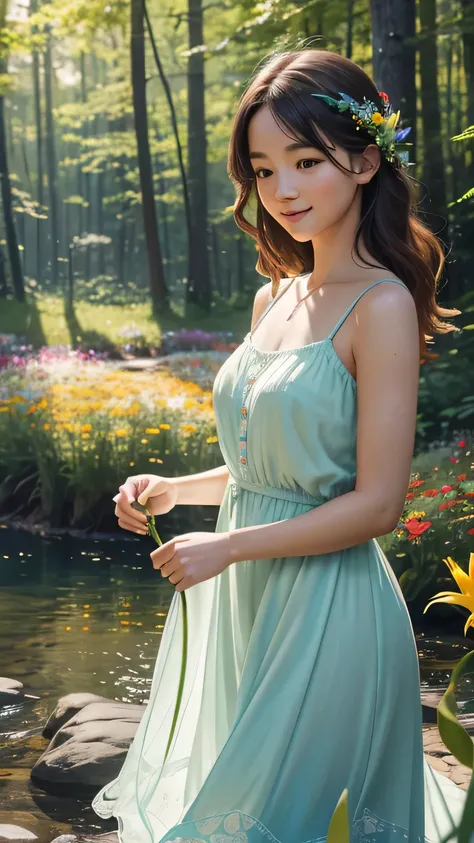 A girl in a sundress, standing by the Buffalo National River, twirling gracefully as sunlight filters through trees. (best quality,4k,8k,highres,masterpiece:1.2),ultra-detailed,(realistic,photorealistic,photo-realistic:1.37),HDR,UHD,studio lighting,ultra-f...