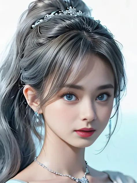 ４K、she is a wind fairy、angel wings on the back、blue eyes、Dress that shows your collarbones、blue sky background、close up of face、gray hair、big feathers、Blue and white background、platinum decoration、platinum earrings、platinum necklace、Platinum Silver Hair、pl...