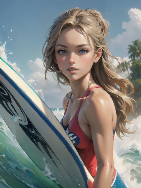 high quality,HD,16k,sharp lines,1 girl,Female surfing athlete ,cute face, large breasts, nice legs,At the surfing venue,focus girl,detailed beautiful face,detailed clothes,beautiful eyes,cool,dynamic angle