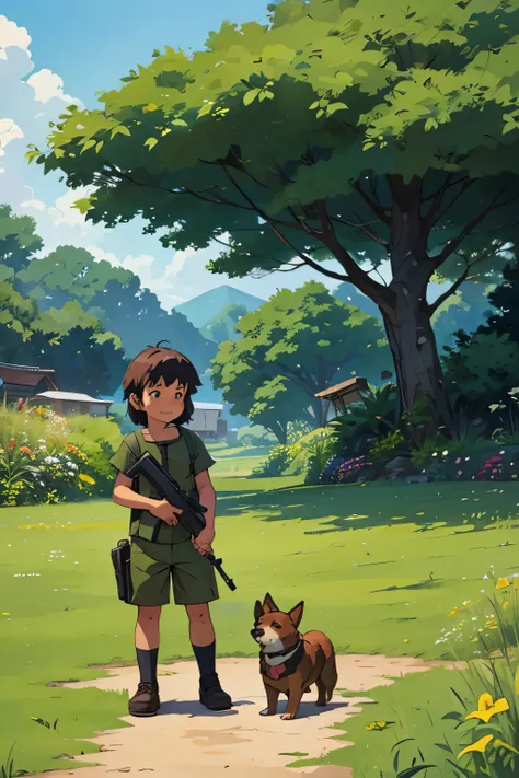 Kid Rambo playing with dog, toy gun, happy, studio Ghibli scenery, lush green field, beautiful summer day, 