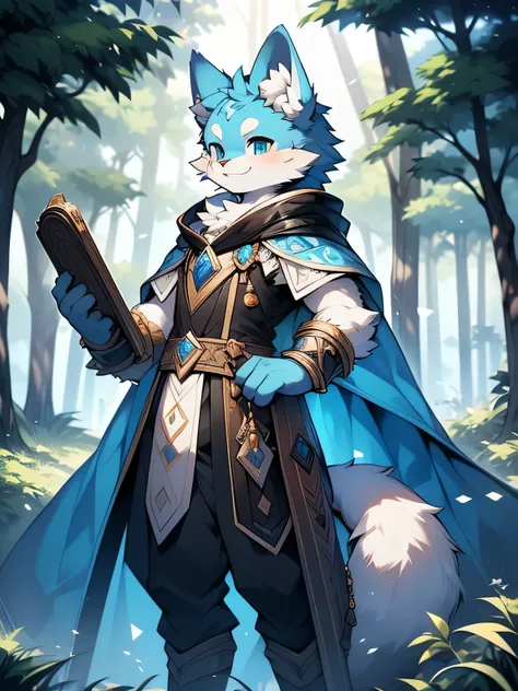 anthropomorphic cat，fluffy fur，Yellow and white patterned fur，Blue patterned fur accents，Handsome，male，alone，masterpiece，super high quality，in the woods，Show teeth when smiling，Full of energy，Rich in details，permanent，Mage profession，perfect