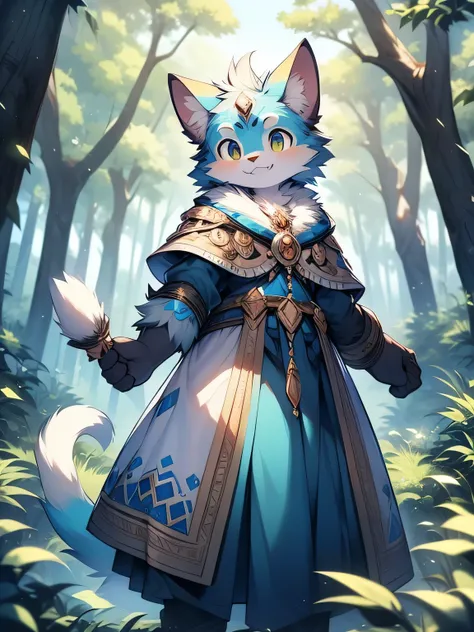 anthropomorphic cat，fluffy fur，Yellow and white patterned fur，Blue patterned fur accents，Handsome，male，alone，masterpiece，super high quality，in the woods，Show teeth when smiling，Full of energy，Rich in details，permanent，Mage profession，perfect